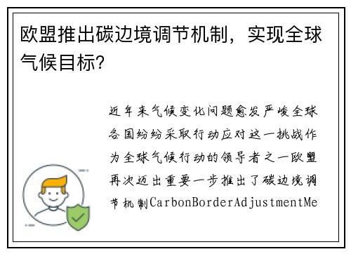 欧盟推出碳边境调节机制，实现全球气候目标？