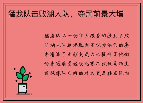 猛龙队击败湖人队，夺冠前景大增